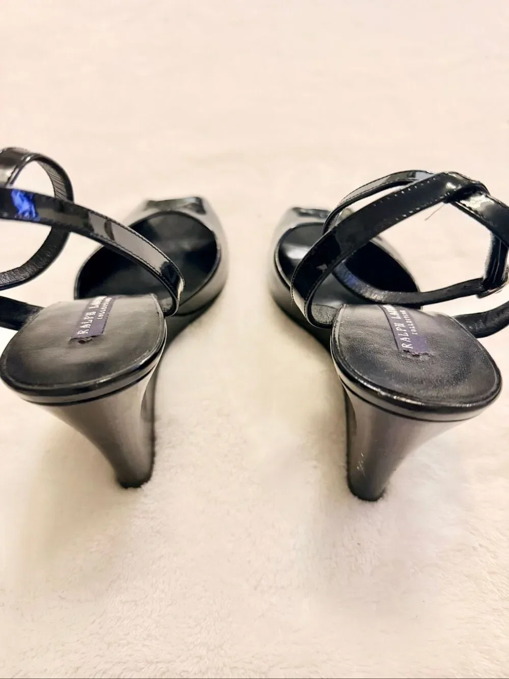 Ralph Lauren Collection Black Patent Leather Wedge Peep Toe Heels Size 7